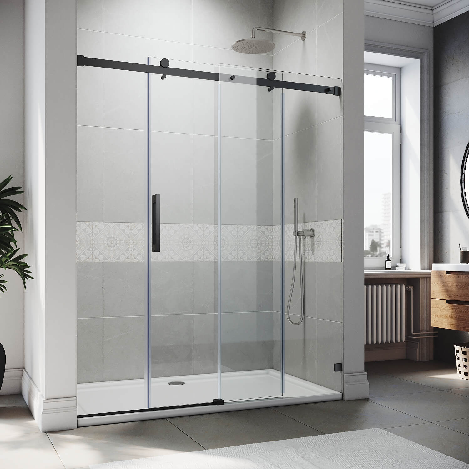 SUNNY SHOWER 60" W x 72" H Black Finish Frameless Sliding Shower Doors