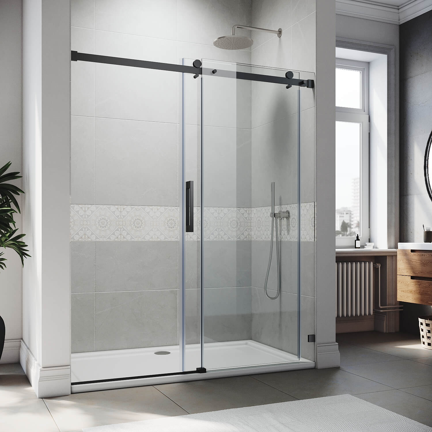 SUNNY SHOWER 60" W x 72" H Black Finish Frameless Sliding Shower Doors