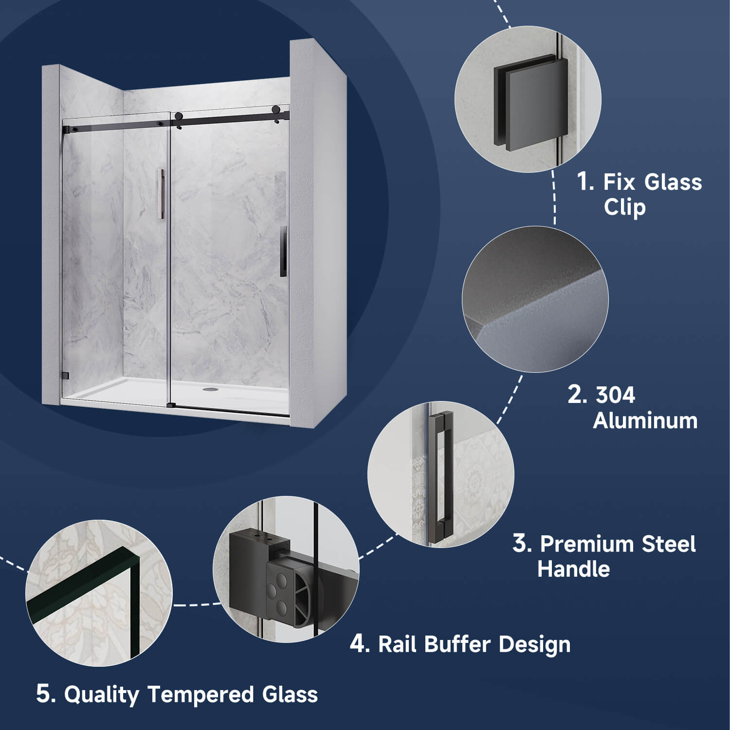 Design: Fix Galss Clip. 304 Aluminum. Premium Steel Handle. Rail Buffer Design. Quality Tempered Glass