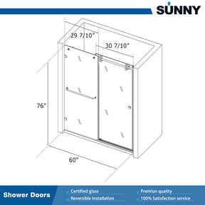 SUNNY SHOWER 60" W x 76" H Brushed Nickel Finish Frameless Sliding Shower Door Size Chart - SUNNY SHOWER