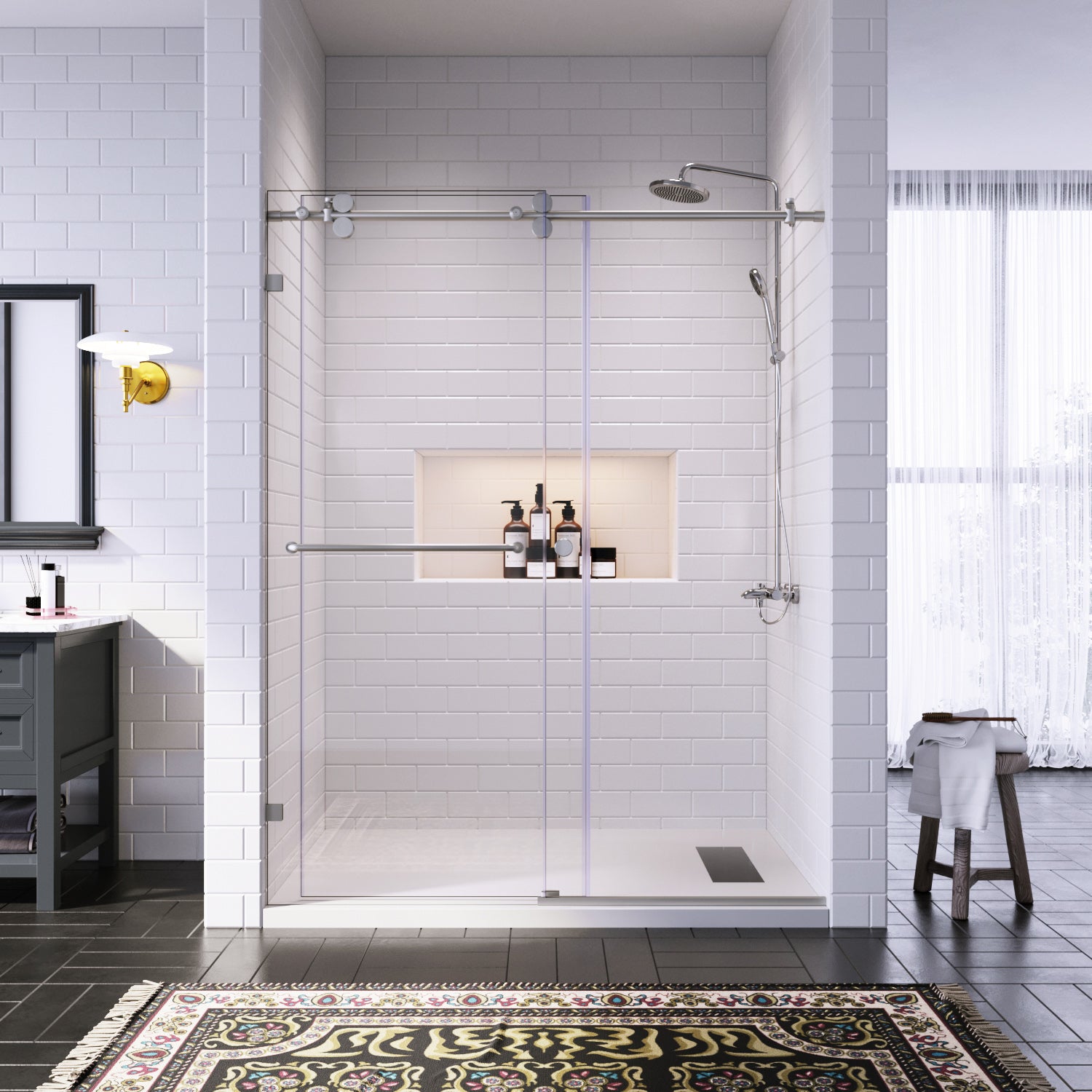 SUNNY SHOWER 60" W x 76" H Brushed Nickel Finish Frameless Sliding Shower Door