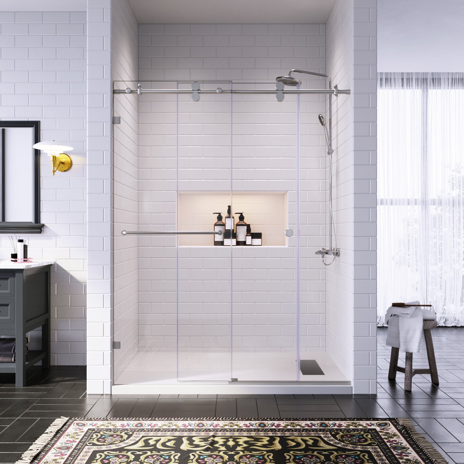 SUNNY SHOWER 60" W x 76" H Brushed Nickel Finish Frameless Sliding Shower Door