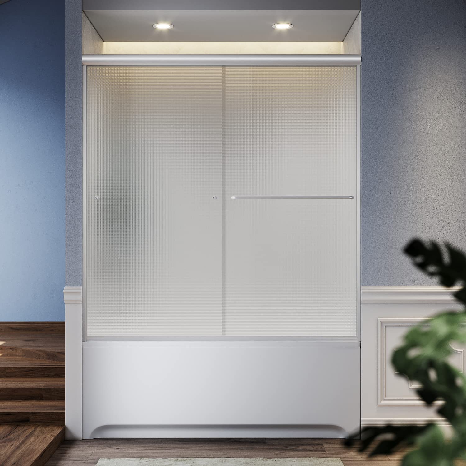 SUNNY SHOWER 60" x 57.4" Brushed Nickel Finish Bathtub Shower Door & Double Sliding Frosted Door for tub