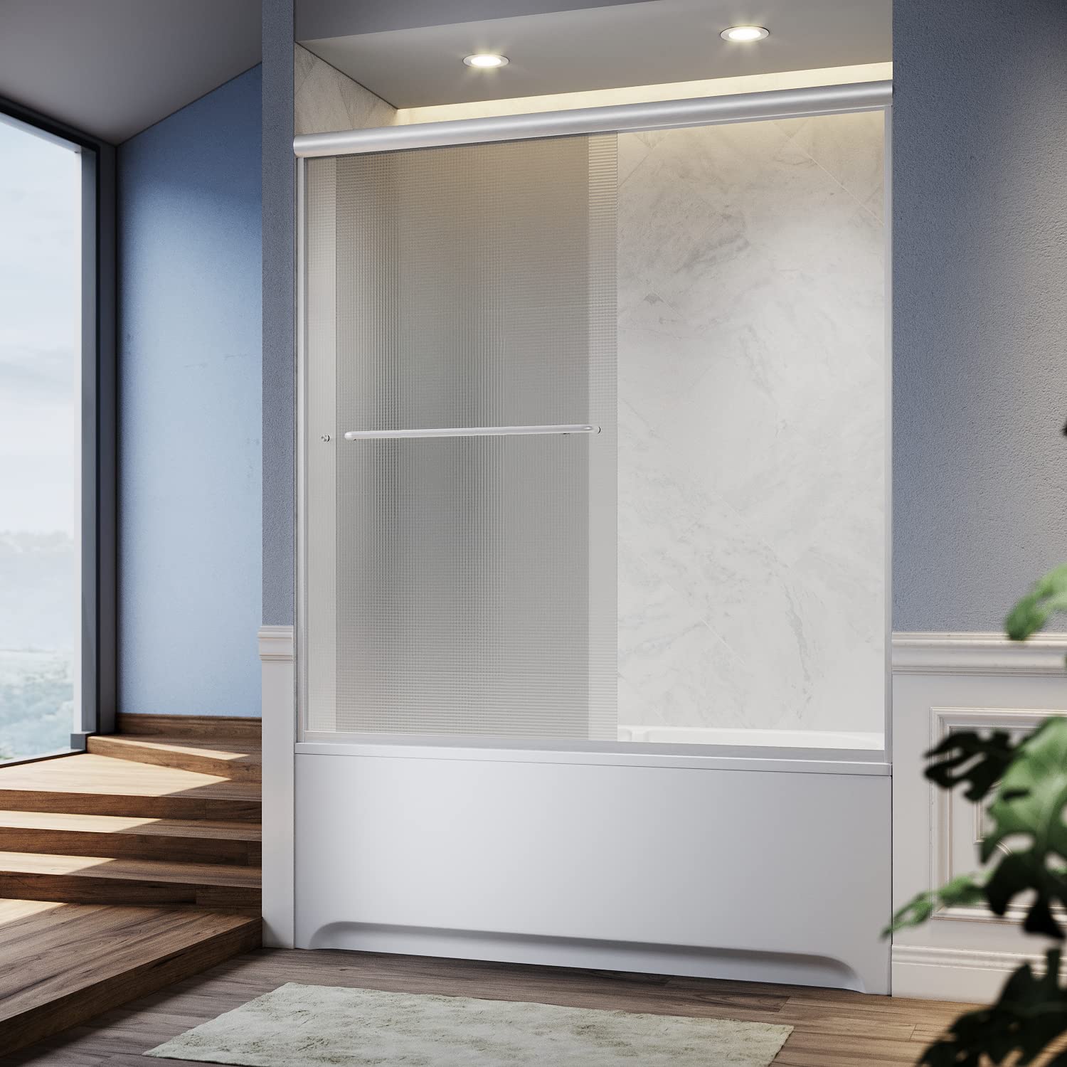 SUNNY SHOWER 60" x 57.4" Brushed Nickel Finish Bathtub Shower Door & Double Sliding Frosted Door for tub