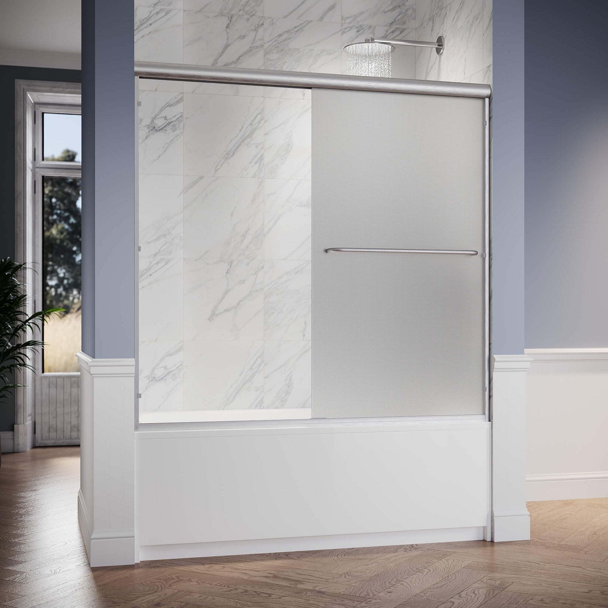 SUNNY SHOWER 60" x 57.4" Brushed Nickel Finish Bathtub Shower Door & Double Sliding Frosted Door for tub