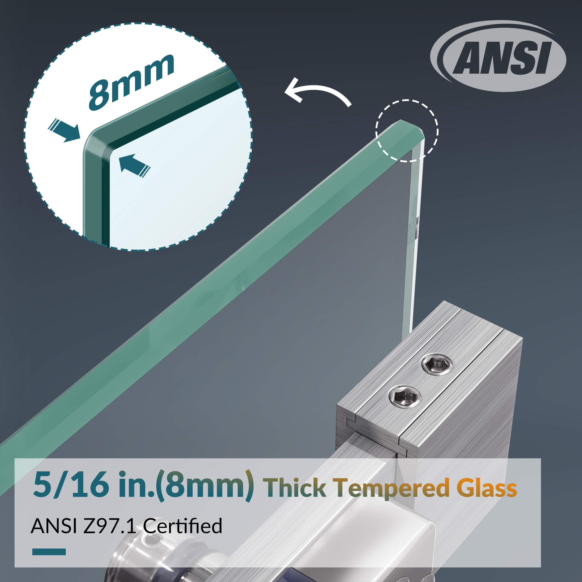 Certified by ANSI Z97.1, 5/16 inches (8mm) tempered glass is thicker and more explosion-proof. Top square track have a high load-bearing capacity and a stable structure,rollers and handle allow the glass door to slide smoothly and quietly.