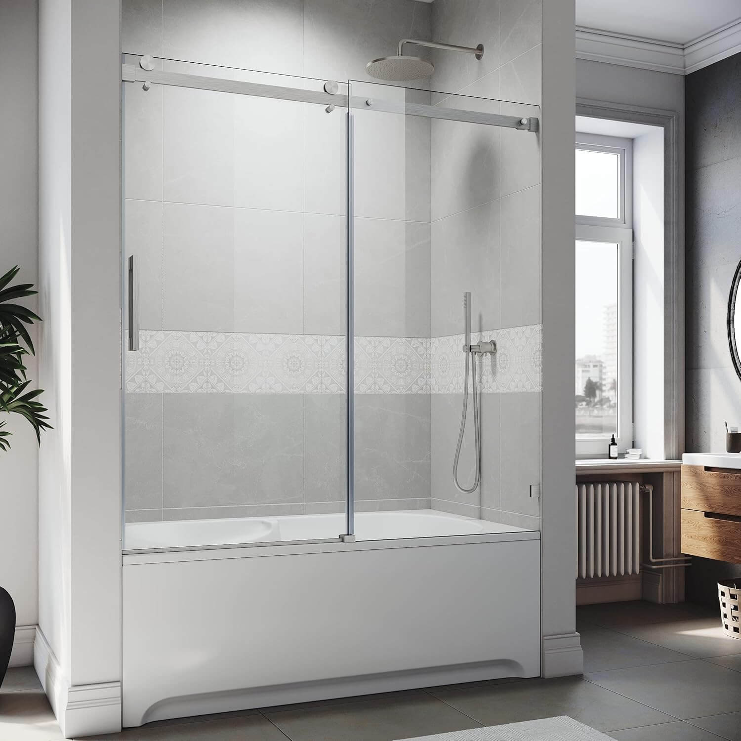 SUNNY SHOWER 60 in. W x 62 in. H Frameless Brushed Nickel Finish Bathtub Sliding Doors