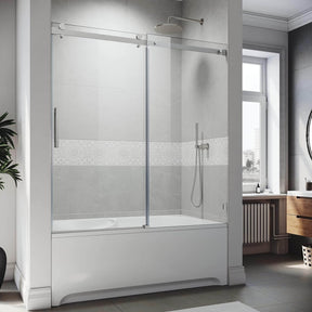 SUNNY SHOWER 60 in. W x 62 in. H Frameless Brushed Nickel Finish Bathtub Sliding Doors