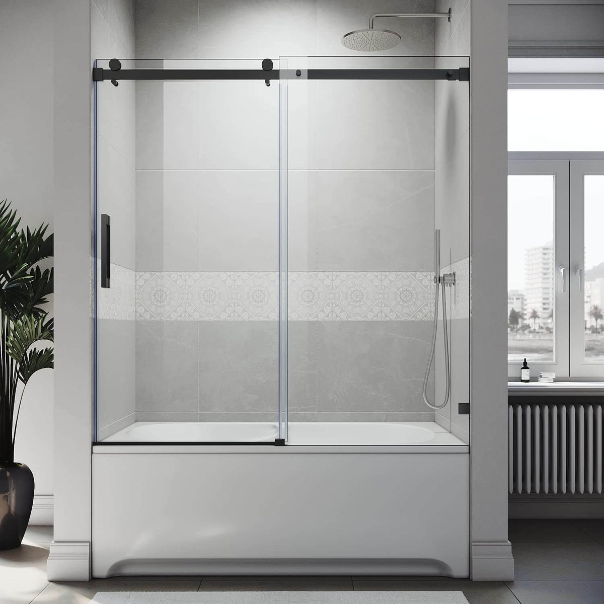 SUNNY SHOWER 60 in. W x 62 in. H Frameless Black Finish Bathtub Sliding Doors