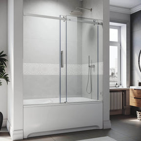 SUNNY SHOWER 60 in. W x 62 in. H Frameless Brushed Nickel Finish Bathtub Sliding Doors