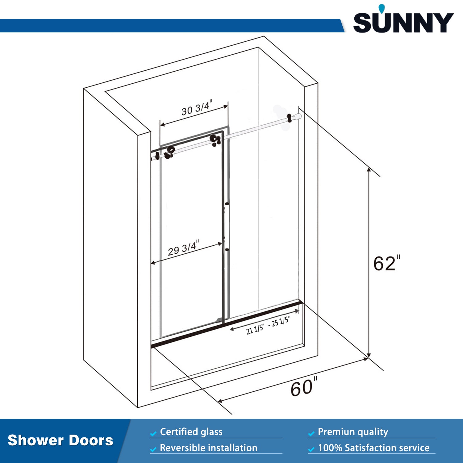 SUNNY SHOWER 60" x 62" Frameless Bathtub Sliding Shower Door, Black Finish / Brushed Nickel Finish / Chrome Finish Size Chart