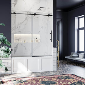 SUNNY SHOWER 60" x 62" Black Finish Frameless Sliding Shower Door for Bathtub