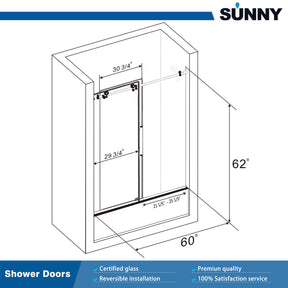 SUNNY SHOWER 60" x 62" Frameless Sliding Shower Door for Bathtub Size Chart