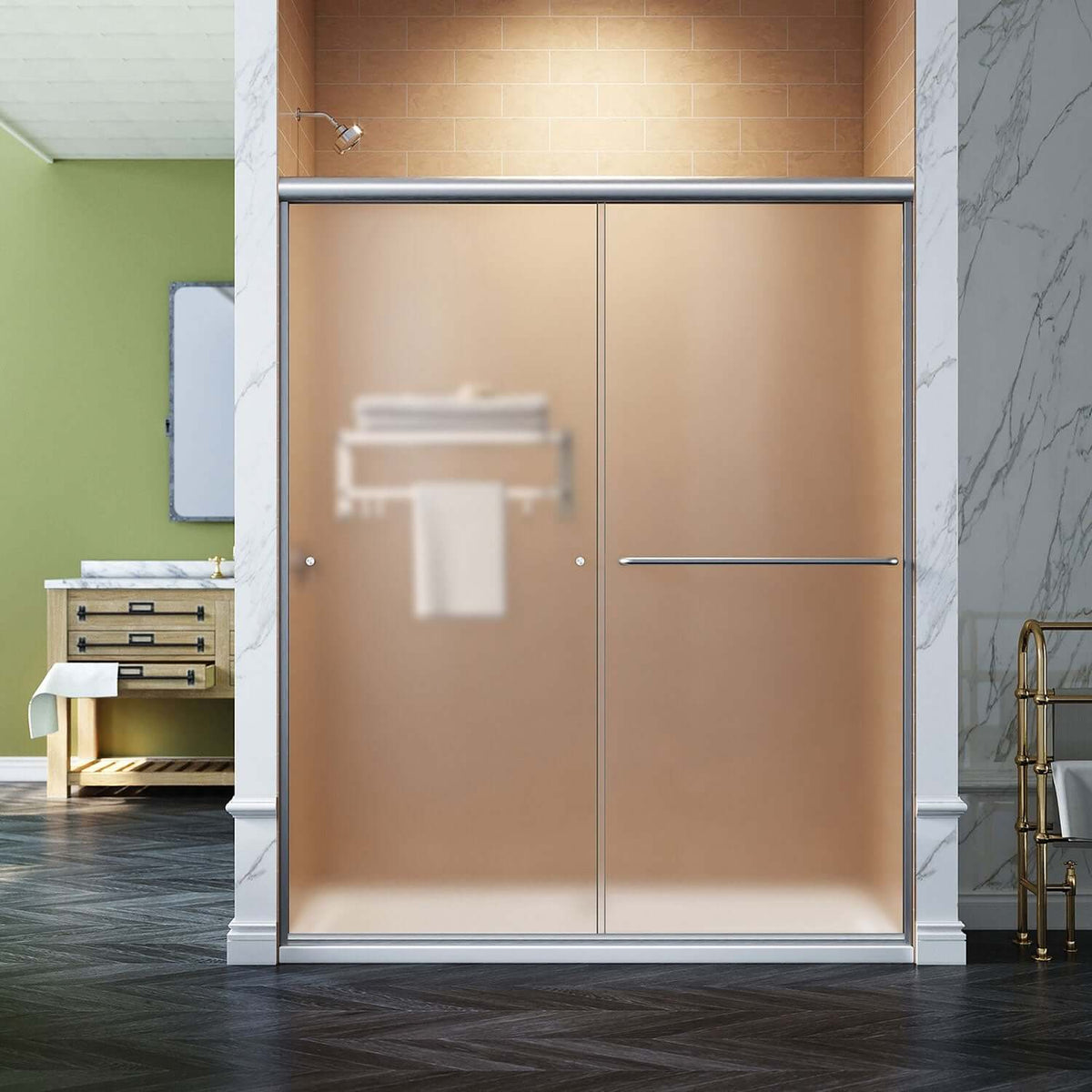 SUNNY SHOWER 60" x 72" Double Sliding Frosted Shower Doors, Brushed Nickel Finish