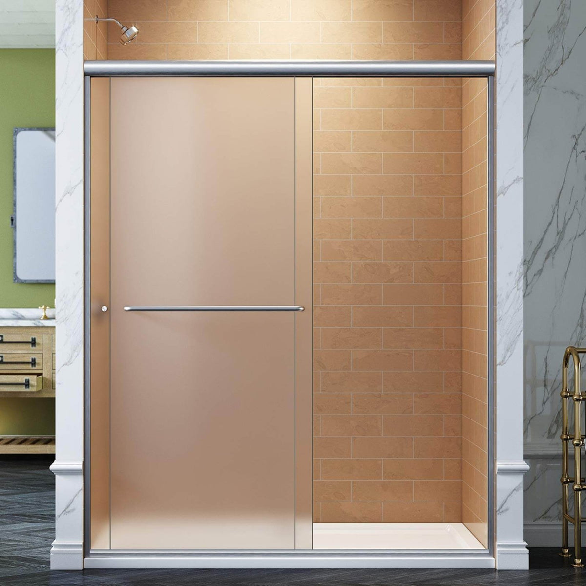 SUNNY SHOWER 60" x 72" Double Sliding Frosted Shower Doors, Brushed Nickel Finish