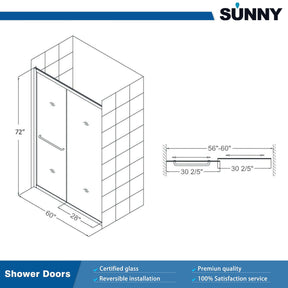 SUNNY SHOWER 60 in. W x 72 in. H Double Sliding Shower Doors Size Chart