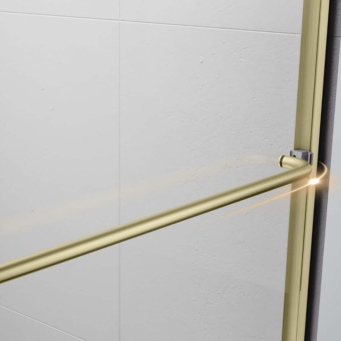 Gold finish door handle with long bar is mounted proud enough to act as a towel rail or as leverage when opening/exiting