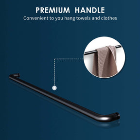 Black finish door handle with long bar is mounted proud enough to act as a towel rail or as leverage when opening/exiting