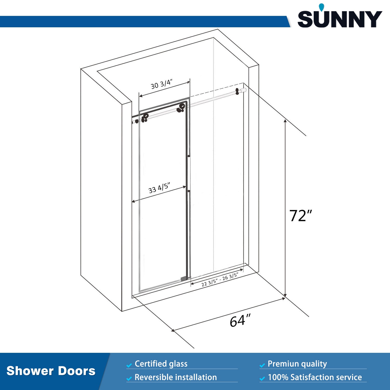 SUNNY SHOWER 64 W x 72 H Frameless Sliding Shower Door, Brushed Nickel Finish Size Chart