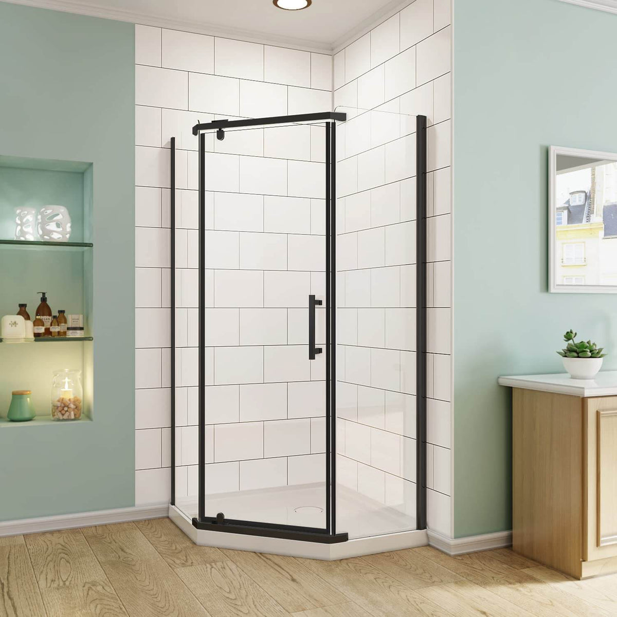 SUNNY SHOWER Corner Diamond Shower Enclosure with 36.7 in. W x 36.7 in. D x 71.8 in. H Pivot Doors, Black Finish