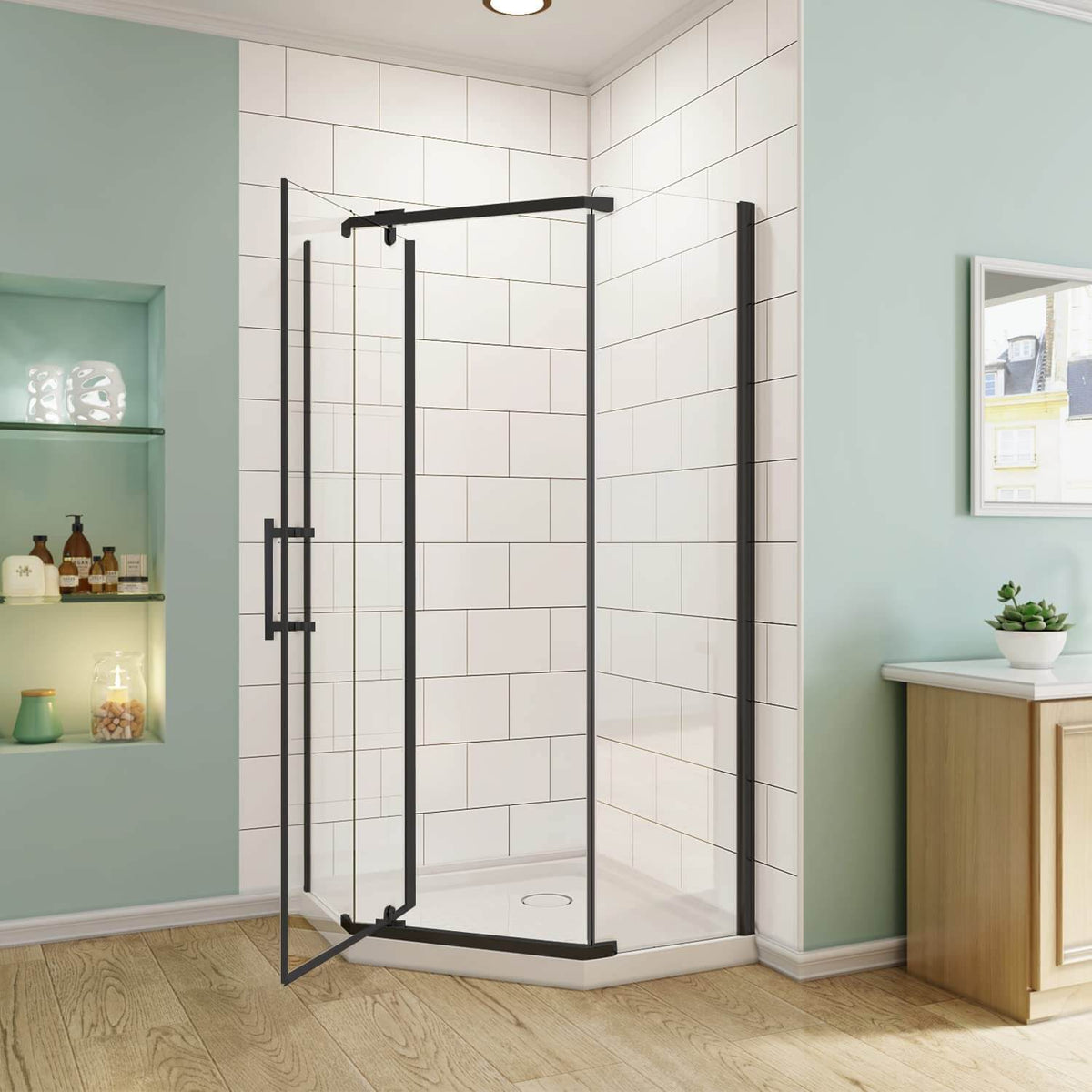 SUNNY SHOWER Corner Diamond Shower Enclosure with 36.7 in. W x 36.7 in. D x 71.8 in. H Pivot Doors, Black Finish