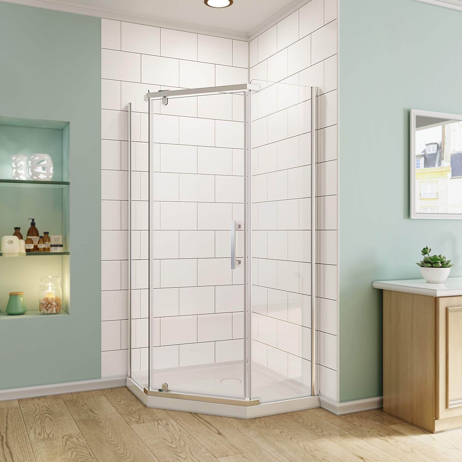 SUNNY SHOWER Corner Diamond Shower Enclosure with 36.5" W x 36.5" D x 72" H Pivot Doors, Chrome Finish