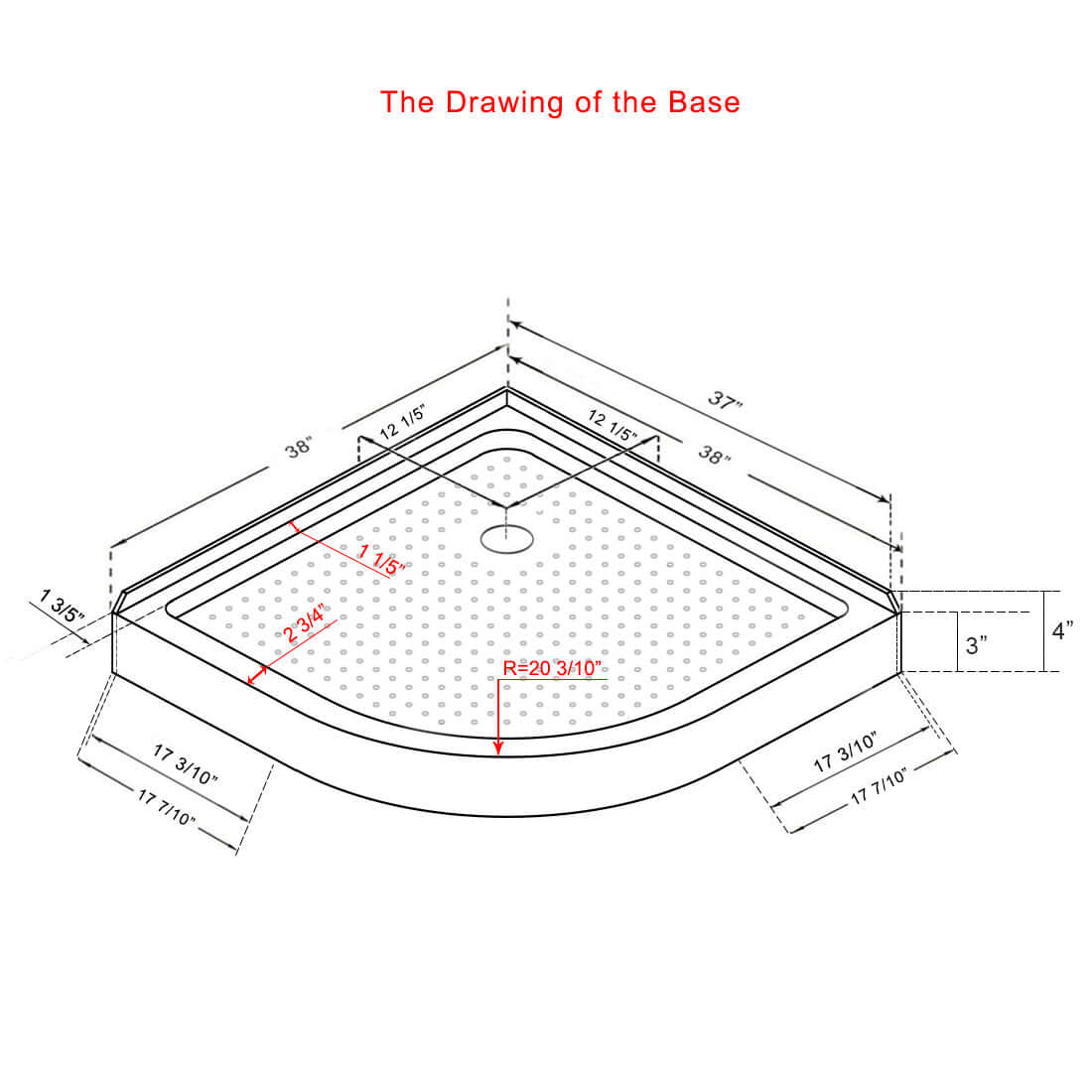 SUNNY SHOWER 38 in. W x 38 in. D x 3 in. H White Corner Drain Quadrant Base Size Chart