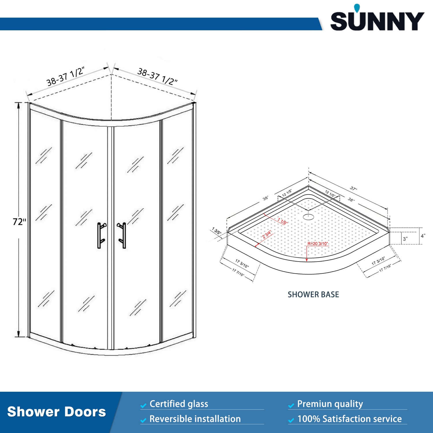 SUNNY SHOWER 38 in. D x 38 in. W x 72 in. H Black Finish Quadrant Enclosures With Sliding Doors And White Quadrant Base Size Chart - SUNNY SHOWER