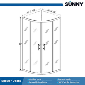 SUNNY SHOWER Corner Quadrant Shower Enclosure with 38 in. W x 38 in. D x 72 in. H Double Sliding Doors Size Chart