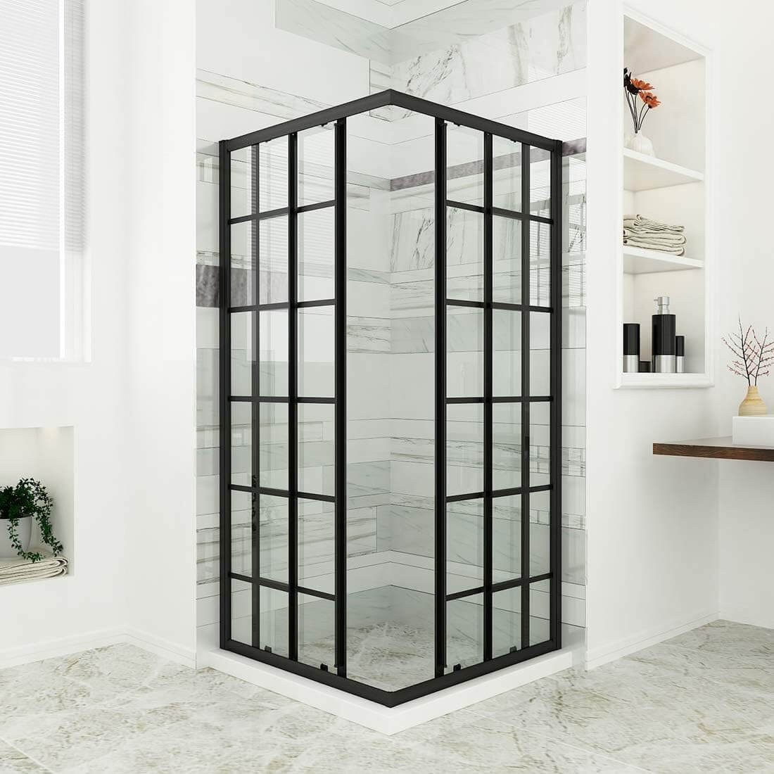 SUNNY SHOWER Black Brushed Nickel Corner Shower Enclosure With Double Sliding Doors