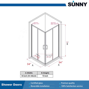 SUNNY SHOWER 34 in. W x 34 in. D x 72 in. H Black Finish Corner Entry Enclosure With Double Sliding Doors Size Chart