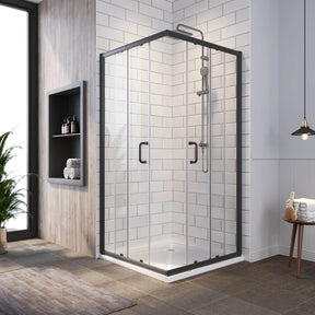 SUNNY SHOWER Black Finish Corner Shower Enclosure With Double Sliding Doors