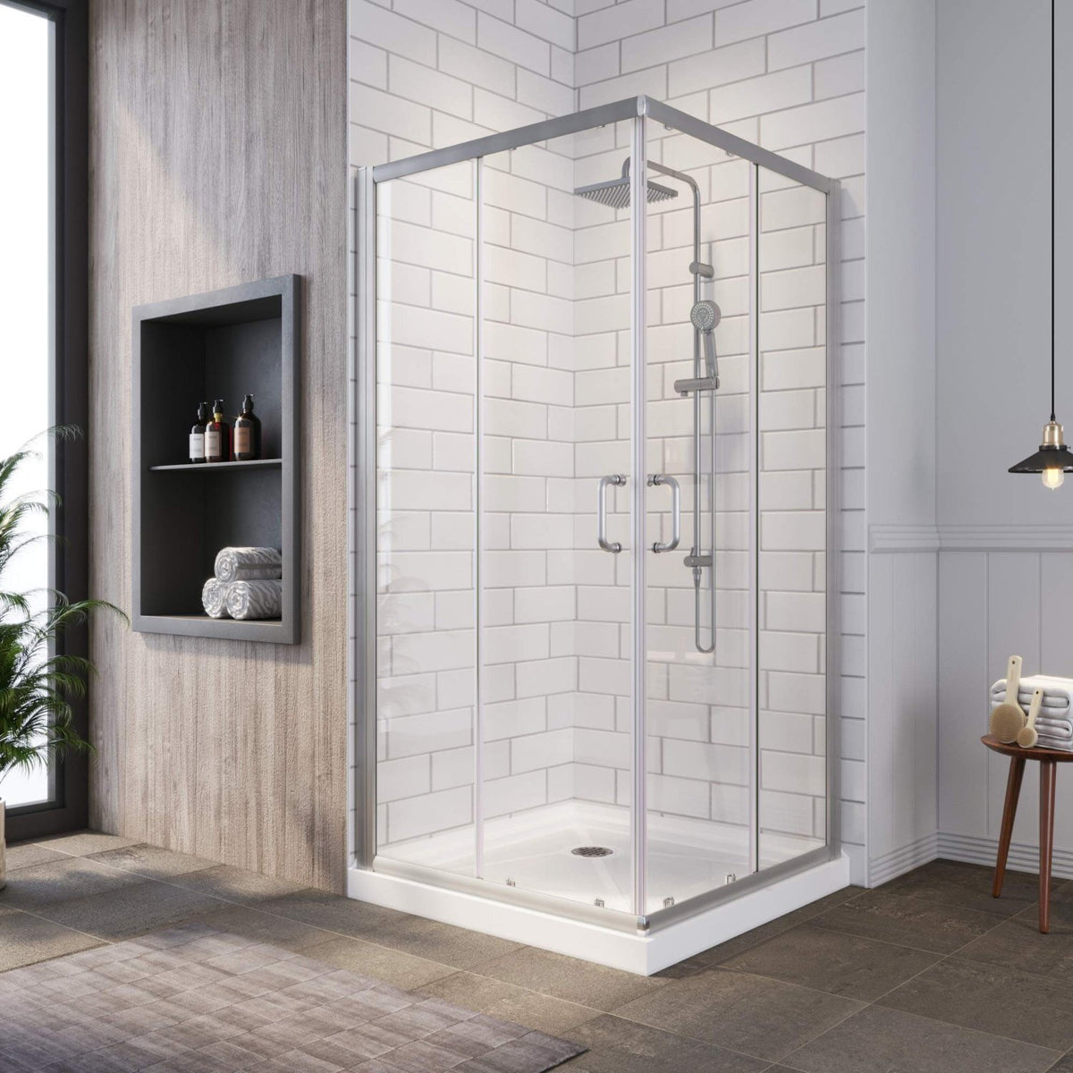 SUNNY SHOWER Brushed Nickel Finish Corner Entry Enclosure With Double Sliding Doors