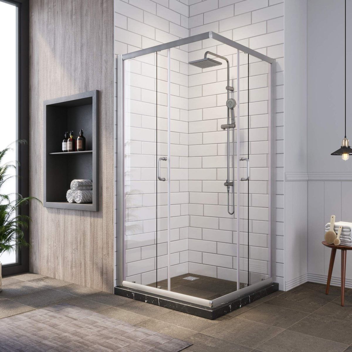 SUNNY SHOWER Brushed Nickel Finish Corner Entry Enclosure With Double Sliding Doors