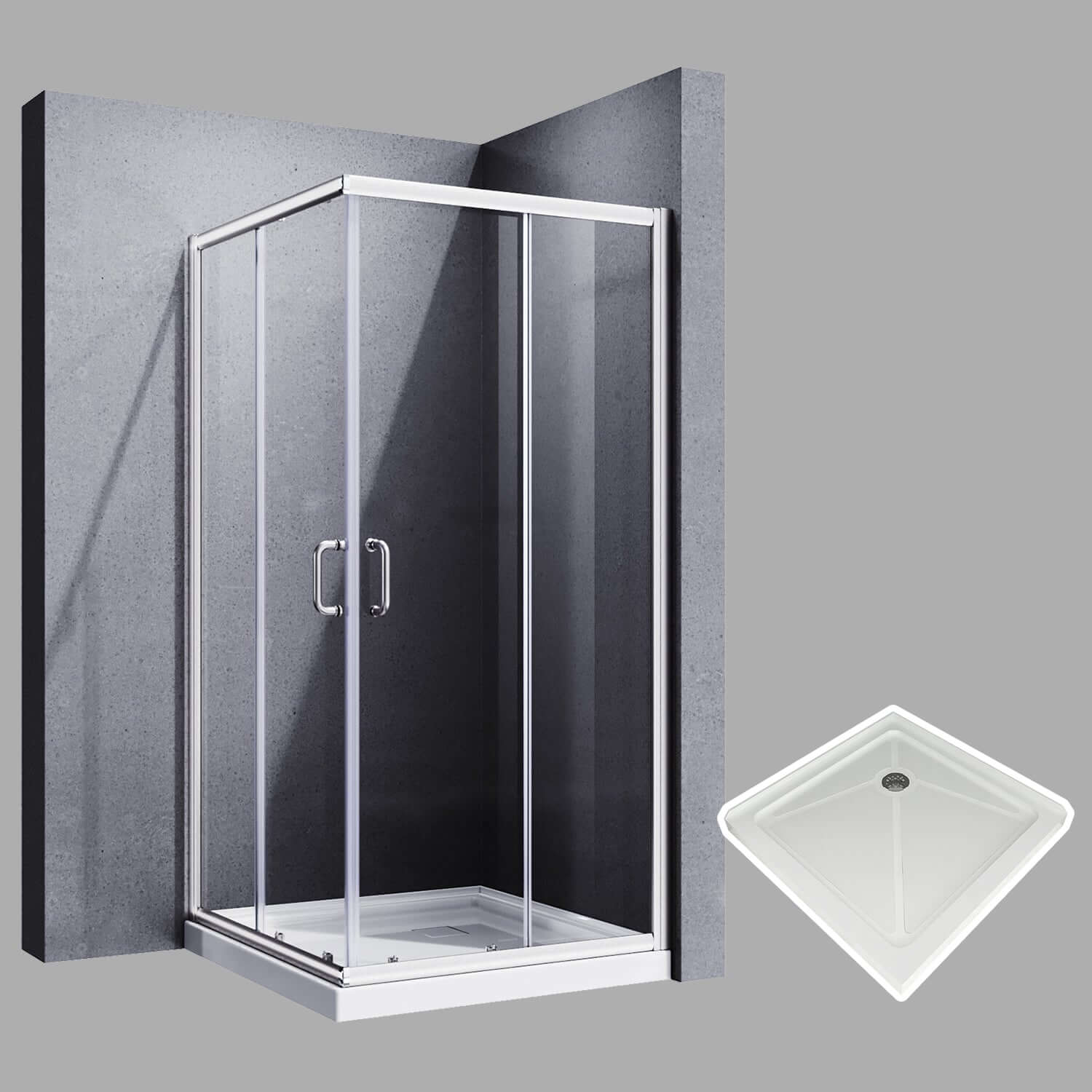 SUNNY SHOWER Chrome Finish Corner Entry Enclosure With Double Sliding Doors And White Square Base