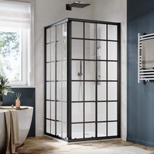 SUNNY SHOWER Black Brushed Nickel Corner Square Shower Enclosure with 1/4 in. Clear Tempered Glass Double Sliding Shower Doors