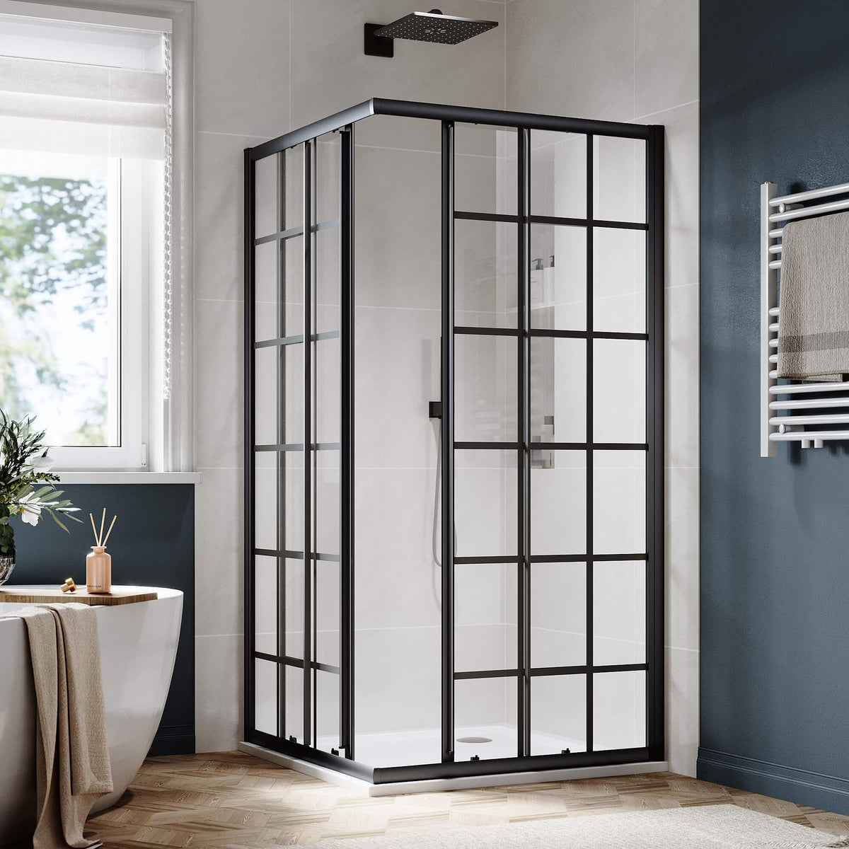 SUNNY SHOWER Black Brushed Nickel Corner Square Shower Enclosure with 1/4 in. Clear Tempered Glass Double Sliding Shower Doors