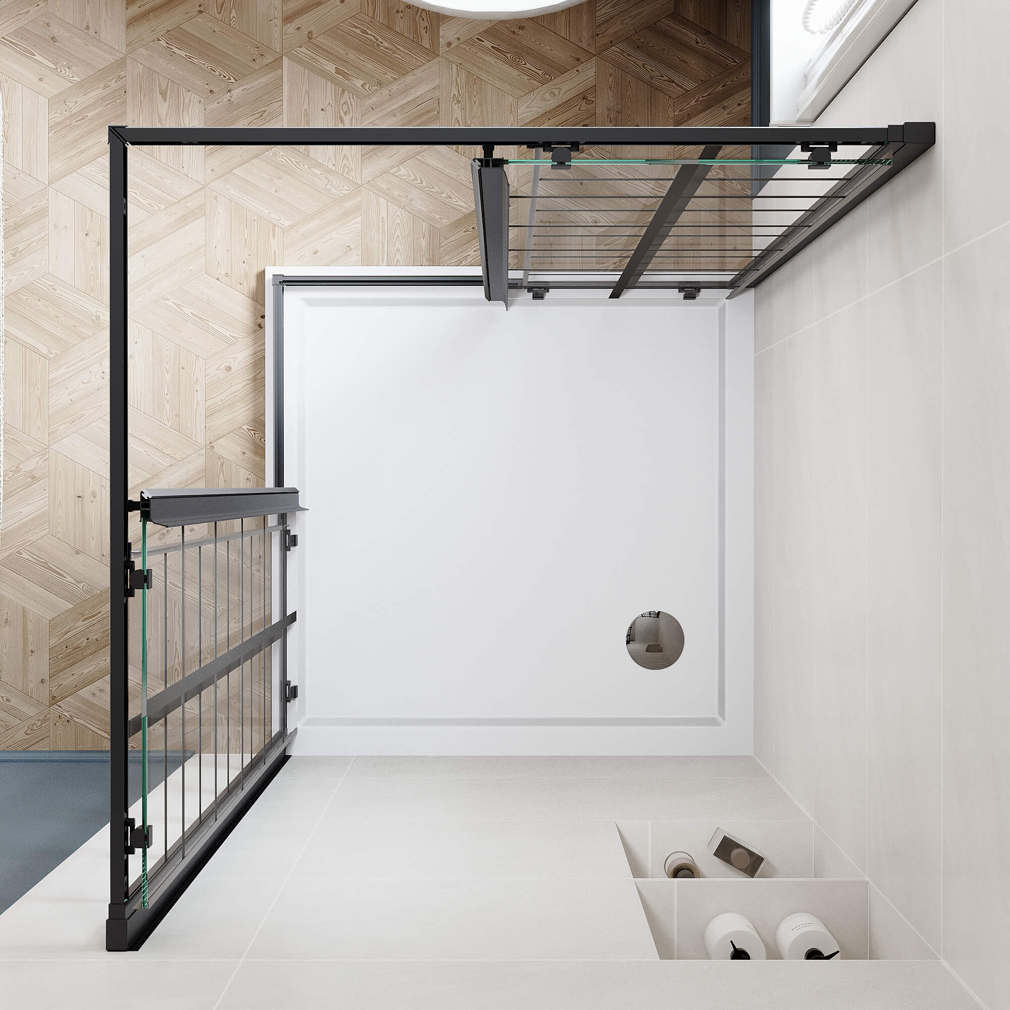 SUNNY SHOWER Black Brushed Nickel Corner Square Shower Enclosure with 1/4 in. Clear Tempered Glass Double Sliding Shower Doors Overhead View