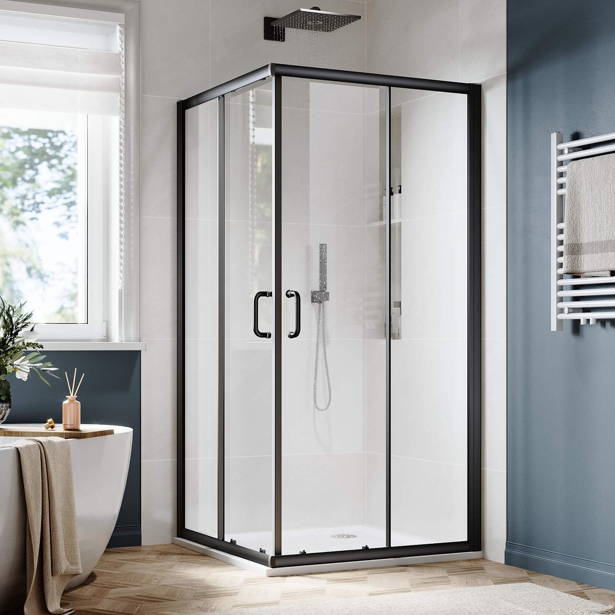 SUNNY SHOWER Black Finish Corner Square Shower Enclosure with 1/4 in. Clear Tempered Glass Double Sliding Shower Doors
