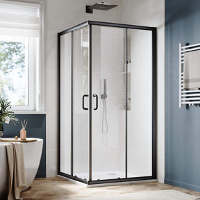 SUNNY SHOWER Black Finish Corner Square Shower Enclosure with 1/4 in. Clear Tempered Glass Double Sliding Shower Doors