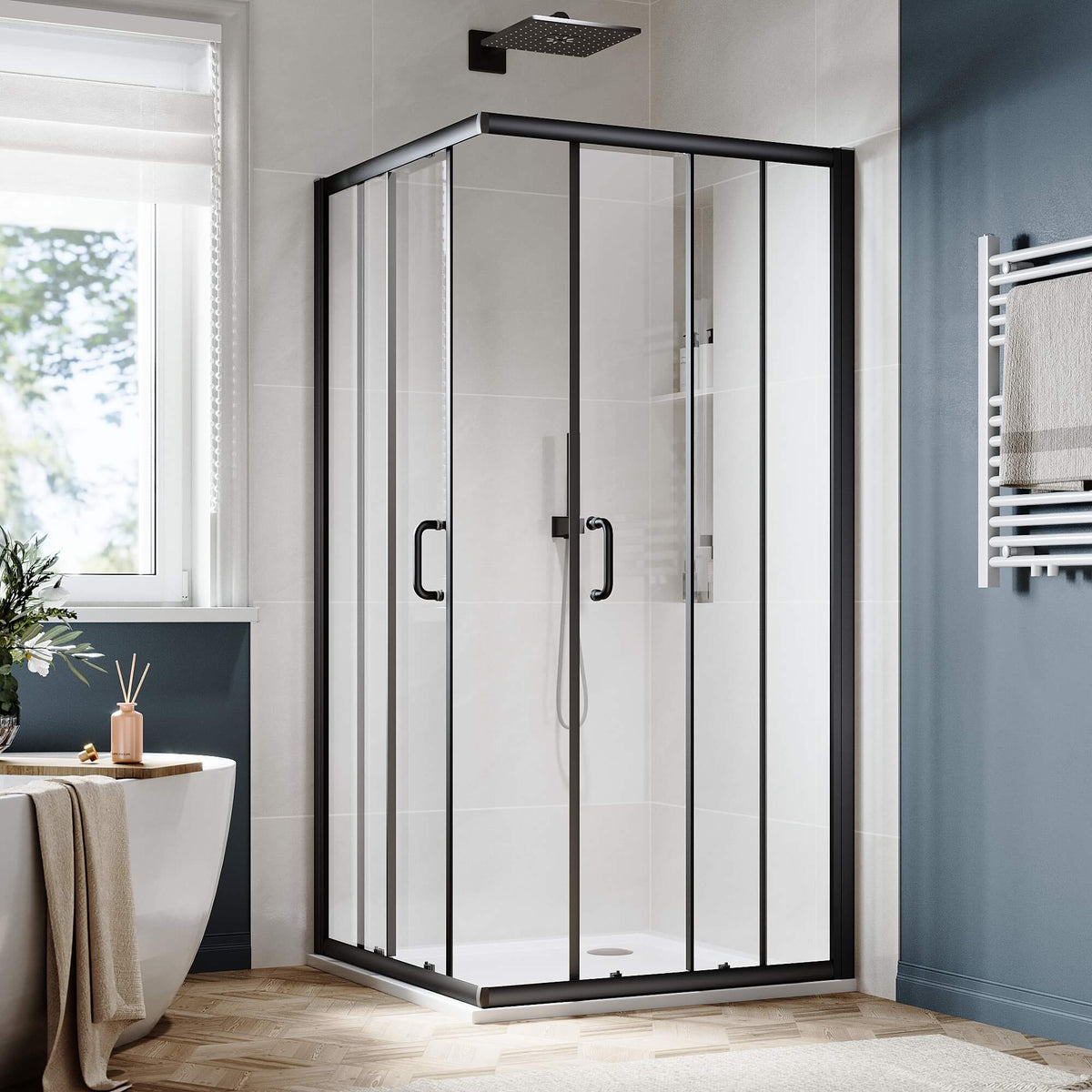SUNNY SHOWER Black Finish Corner Square Shower Enclosure with 1/4 in. Clear Tempered Glass Double Sliding Shower Doors