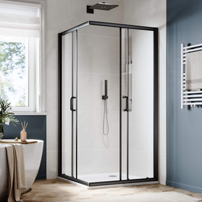 SUNNY SHOWER Black Finish Corner Square Shower Enclosure with 1/4 in. Clear Tempered Glass Double Sliding Shower Doors