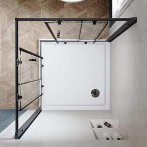 SUNNY SHOWER Black Finish Corner Square Shower Enclosure with 1/4 in. Clear Tempered Glass Double Sliding Shower Doors Overhead View