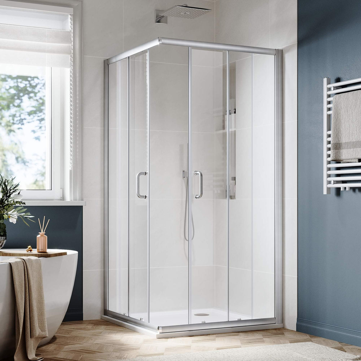 SUNNY SHOWER Brushed Nickel Finish Corner Square Shower Enclosure with 1/4 in. Clear Tempered Glass Double Sliding Shower Doors