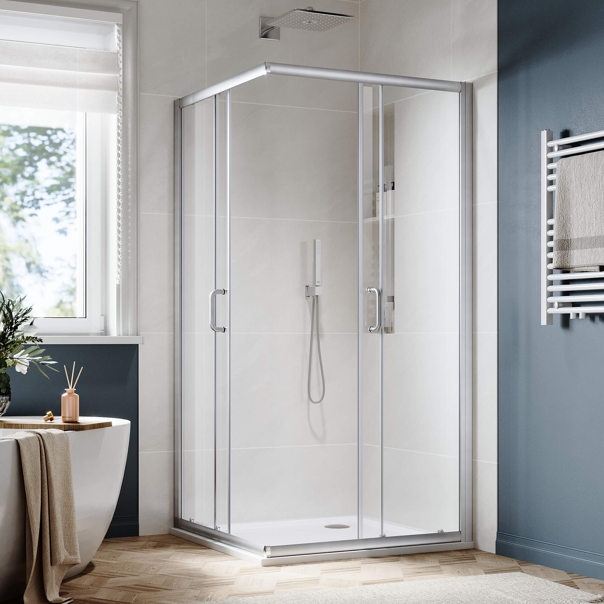 SUNNY SHOWER Brushed Nickel Finish Corner Square Shower Enclosure with 1/4 in. Clear Tempered Glass Double Sliding Shower Doors