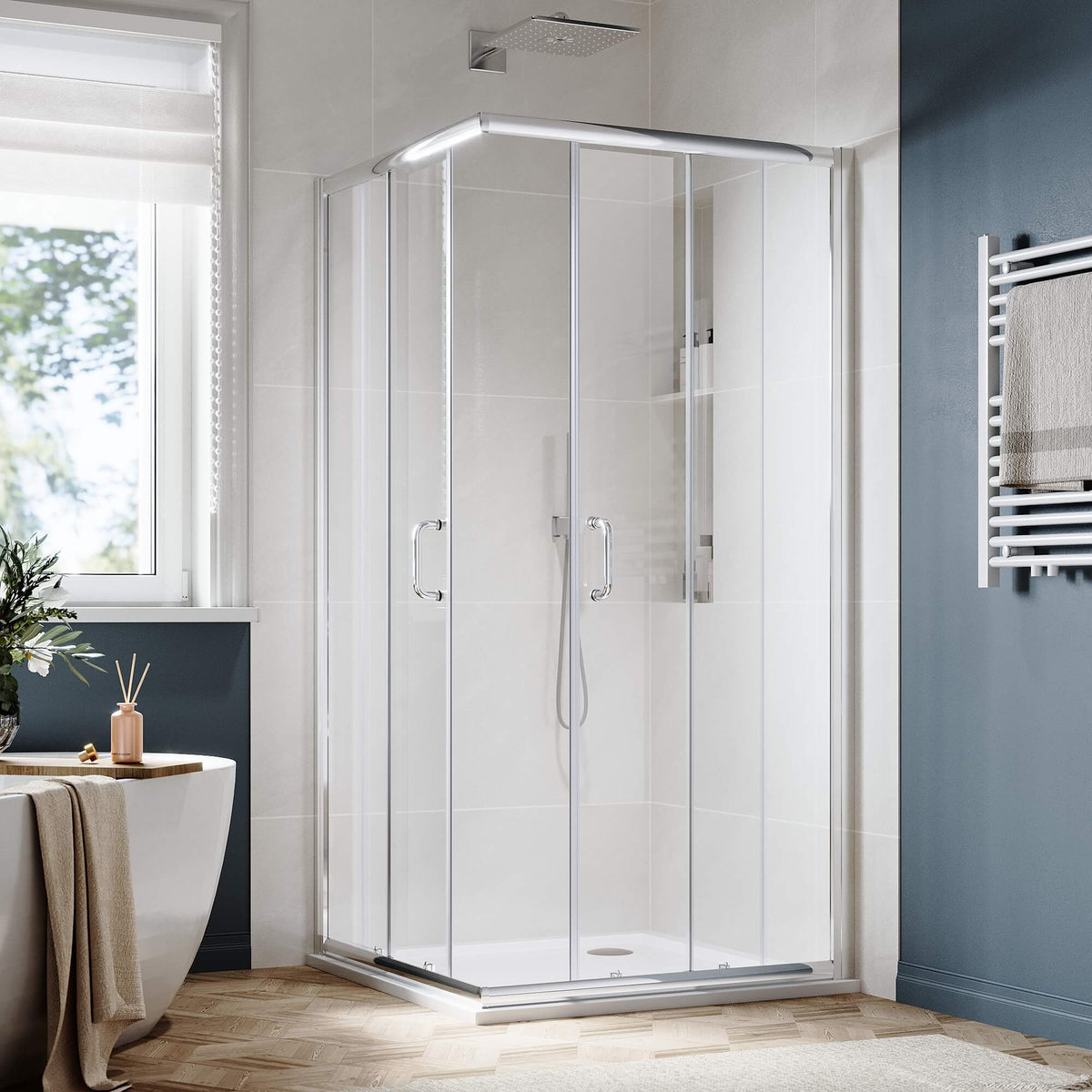 SUNNY SHOWER Chrome Finish Corner Square Shower Enclosure with 1/4 in. Clear Tempered Glass Double Sliding Shower Doors