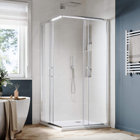 SUNNY SHOWER Chrome Finish Corner Square Shower Enclosure with 1/4 in. Clear Tempered Glass Double Sliding Shower Doors
