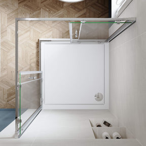 SUNNY SHOWER Chrome Finish Corner Square Shower Enclosure with 1/4 in. Clear Tempered Glass Double Sliding Shower Doors Overhead View