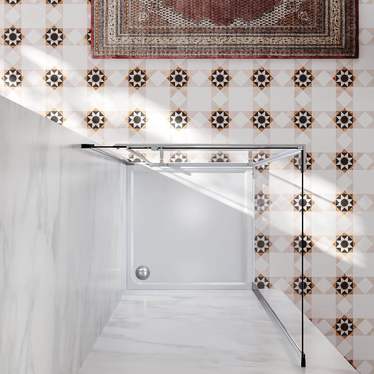 SUNNY SHOWER Corner Square Shower Enclosure with 36 in. W x 36 in. D x 72 in. H Pivot Doors, Chrome Finish Overhead view- SUNNY SHOWER