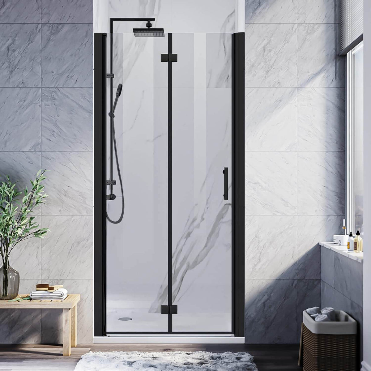 SUNNY SHOWER Semi-Frameless Bifold Shower Door with 1/4 inch Clear Tempered Glass, Black Finish